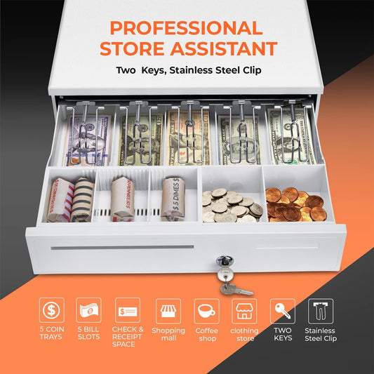 Electronic Metal Cash Drawer for POS - 5 Note 5 Coin White