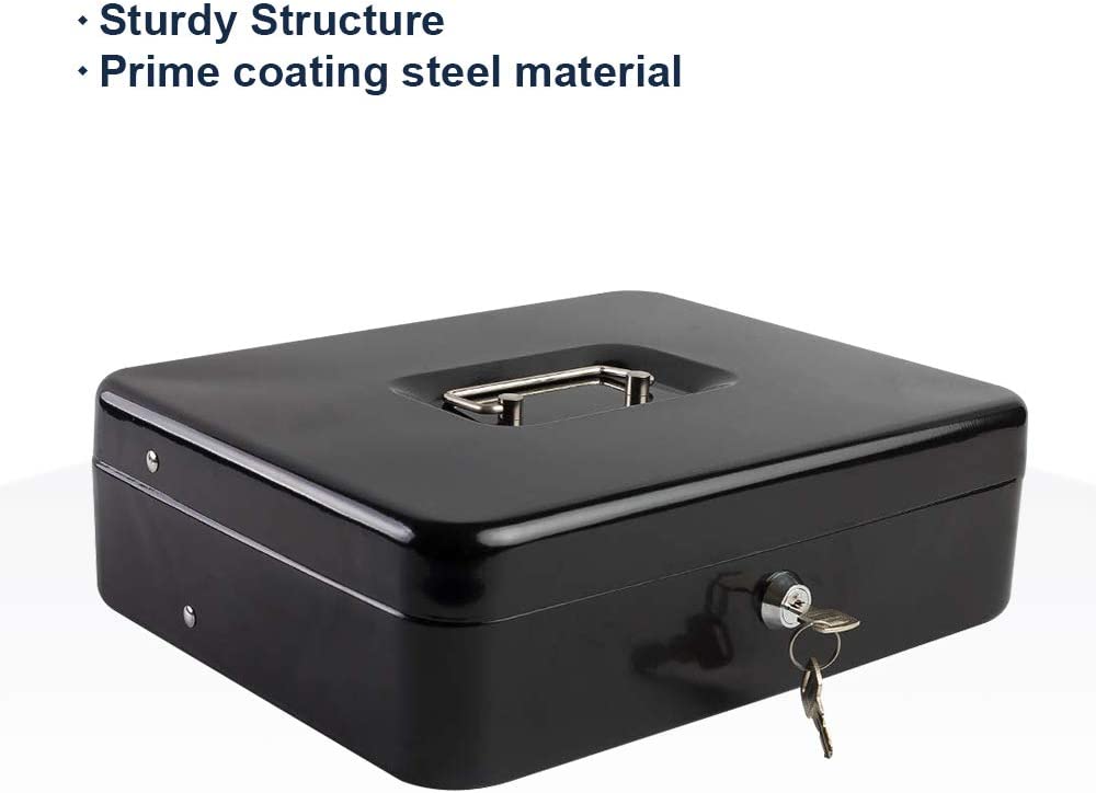 Metal Cash Box with Coin Tray - Black with Key Lock