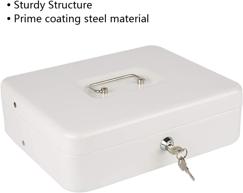Metal Cash Box with Coin Tray - White with Key Lock