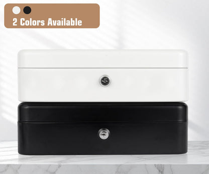 Metal Cash Box with Coin Tray - White with Key Lock