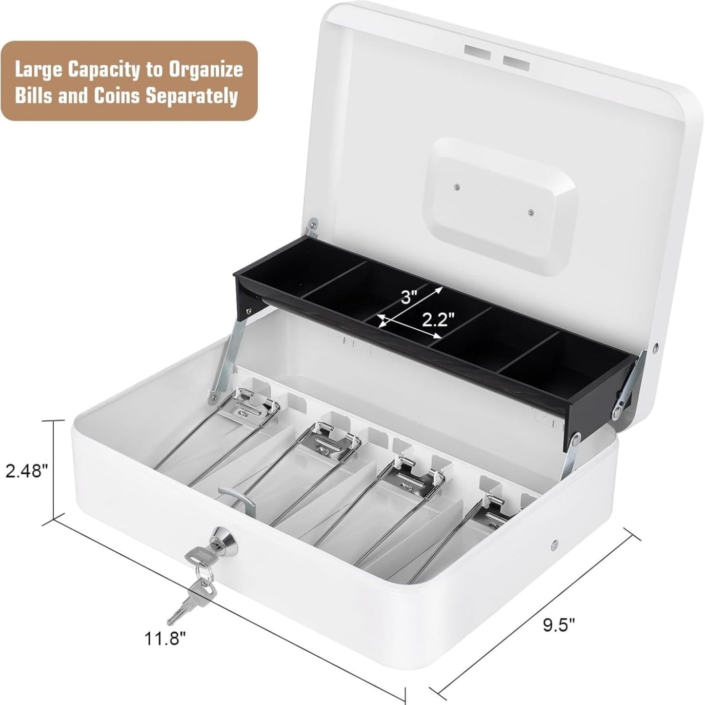 Metal Cash Box with Coin Tray - White with Key Lock