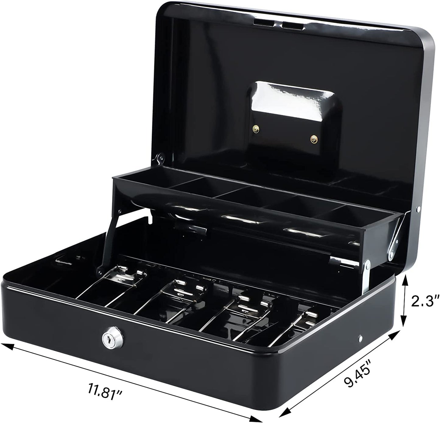 Metal Cash Box with Coin Tray - Black with Key Lock
