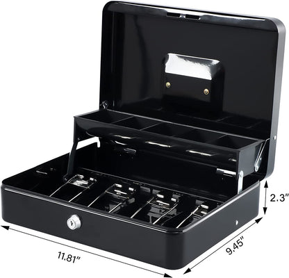 Metal Cash Box with Coin Tray - Black with Key Lock