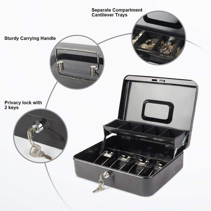 Metal Cash Box with Coin Tray - Black with Key Lock