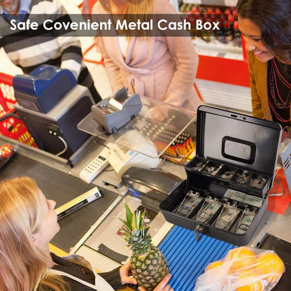 Metal Cash Box with Coin Tray - Black with Key Lock