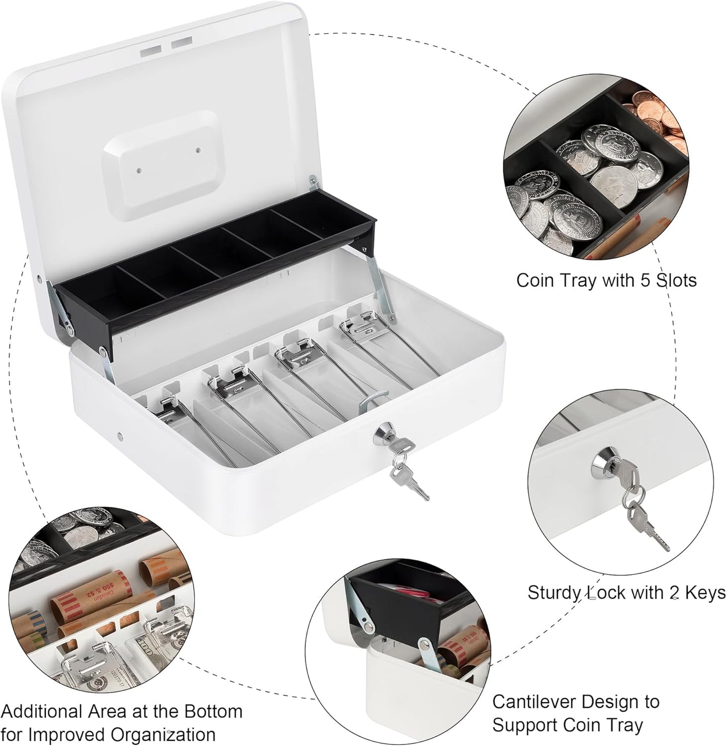 Metal Cash Box with Coin Tray - White with Key Lock