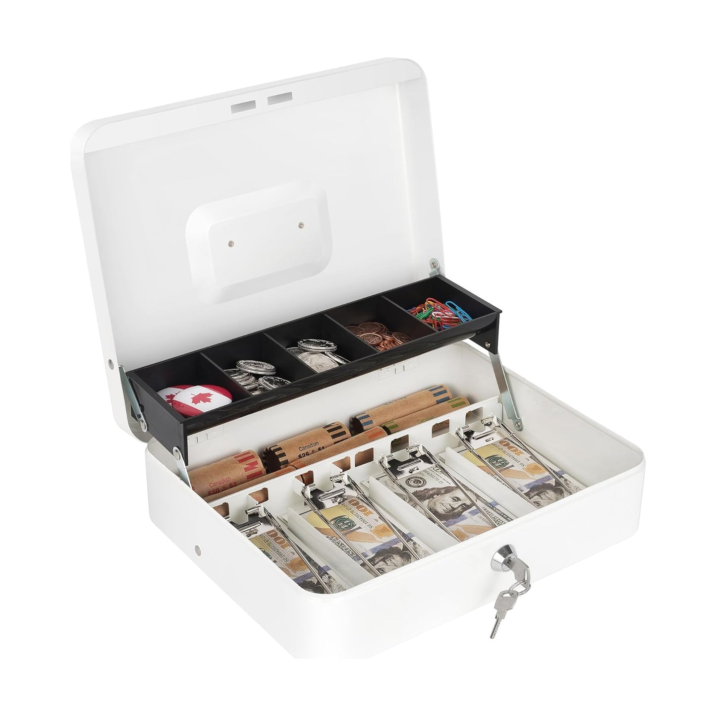 Metal Cash Box with Coin Tray - White with Key Lock