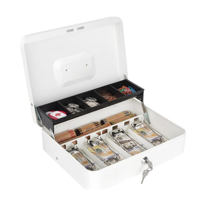 Metal Cash Box with Coin Tray - White with Key Lock