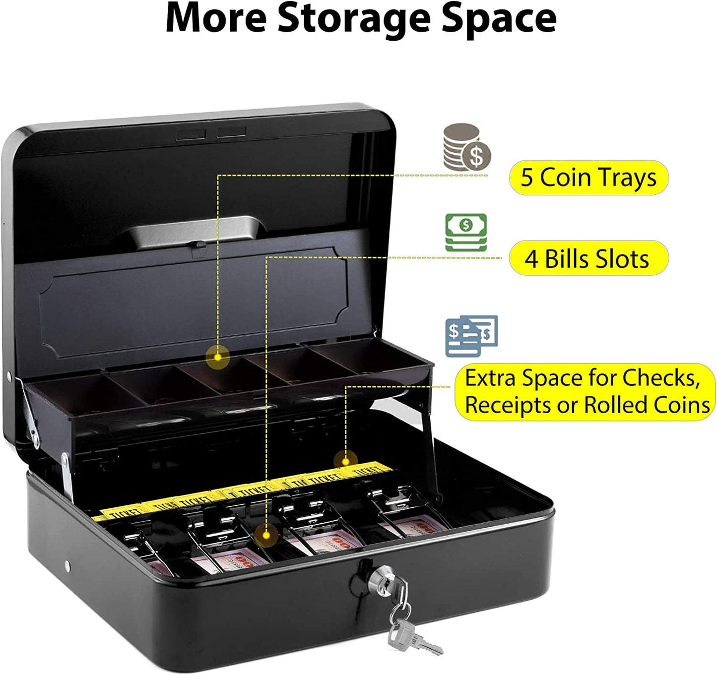 Metal Cash Box with Coin Tray - Black with Key Lock