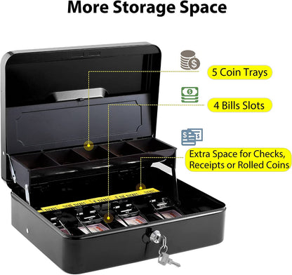 Metal Cash Box with Coin Tray - Black with Key Lock