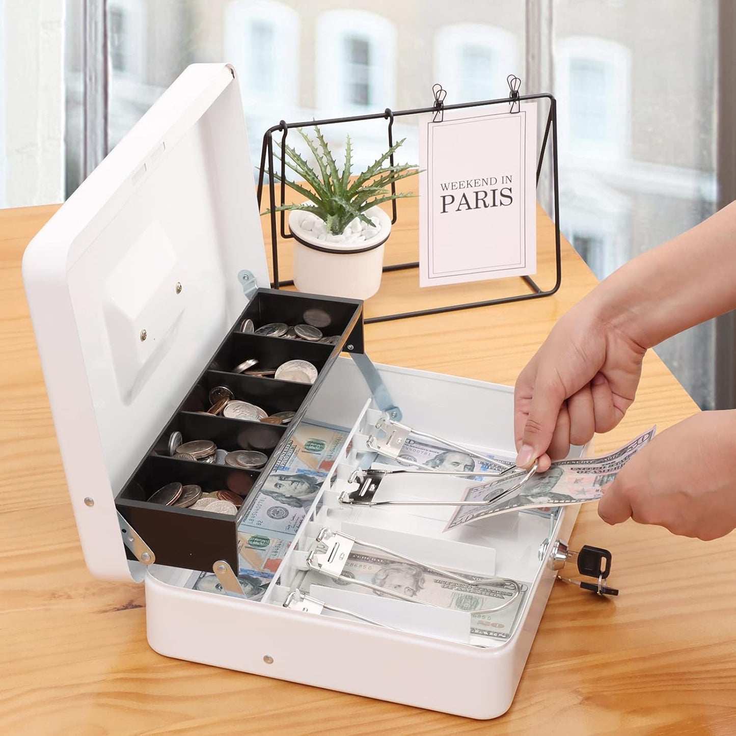 Metal Cash Box with Coin Tray - White with Key Lock