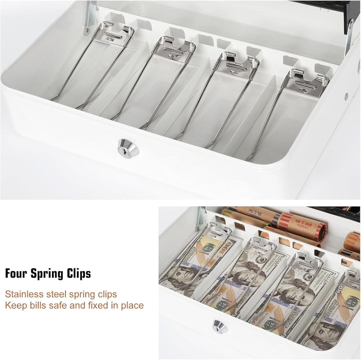 Metal Cash Box with Coin Tray - White with Key Lock