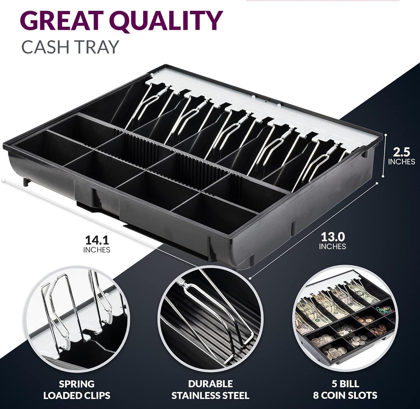 Cash Tray with Metal Clips - 5 Note 8 Coin