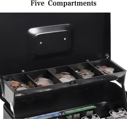 Metal Cash Box with Coin Tray - Black with Number Lock