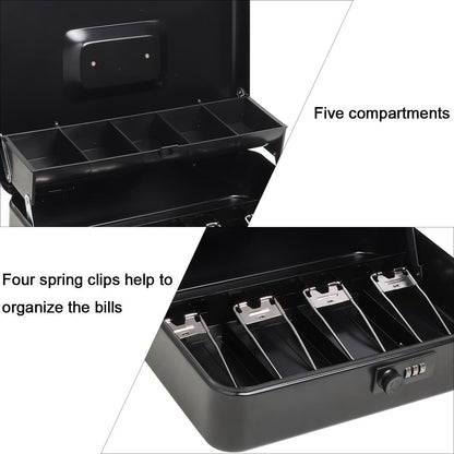 Metal Cash Box with Coin Tray - Black with Number Lock