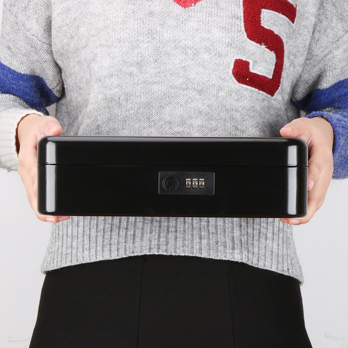 Metal Cash Box with Coin Tray - Black with Number Lock