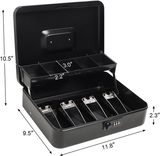 Metal Cash Box with Coin Tray - Black with Number Lock
