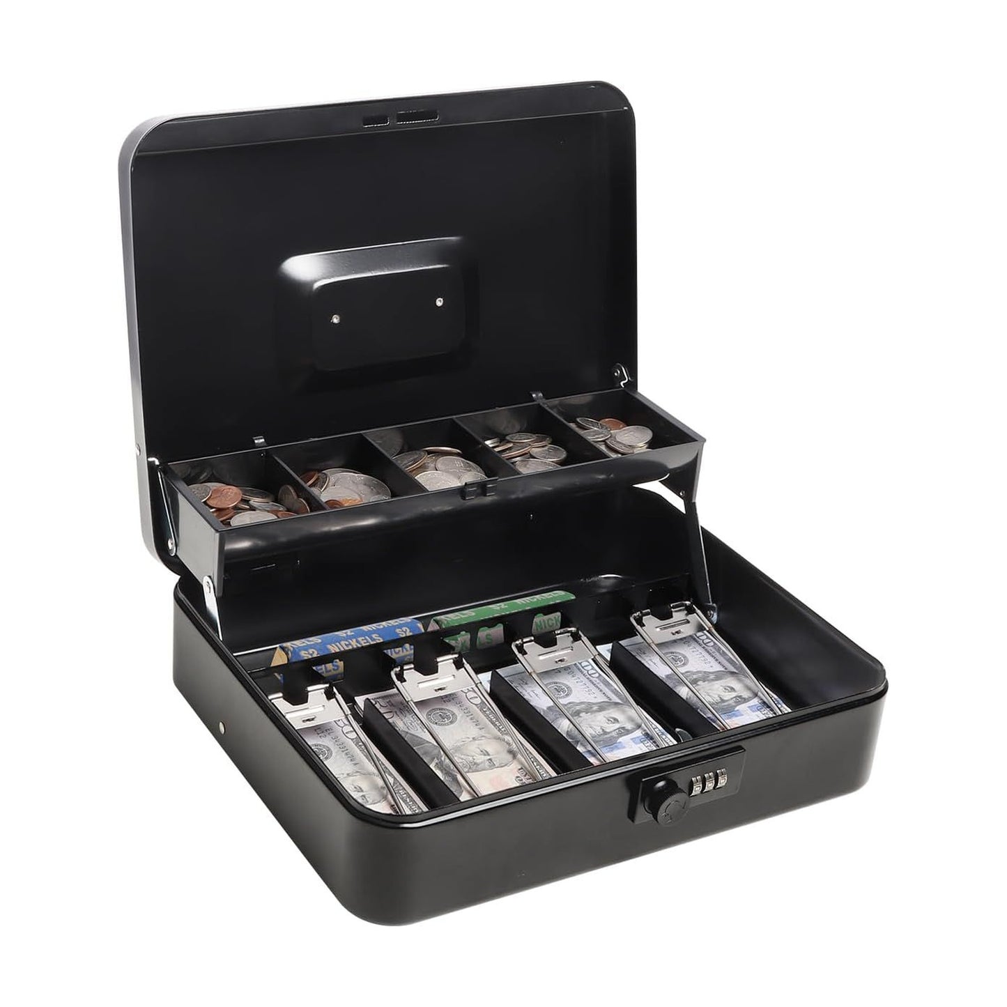 Metal Cash Box with Coin Tray - Black with Number Lock