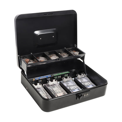 Metal Cash Box with Coin Tray - Black with Number Lock