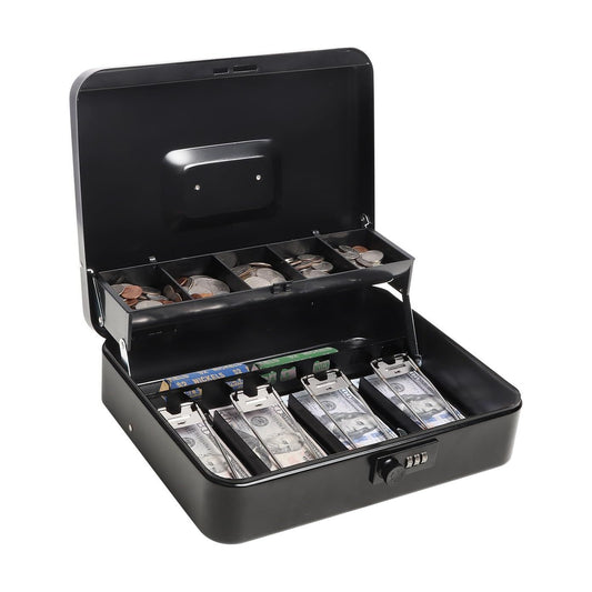 Metal Cash Box with Coin Tray - Black with Number Lock