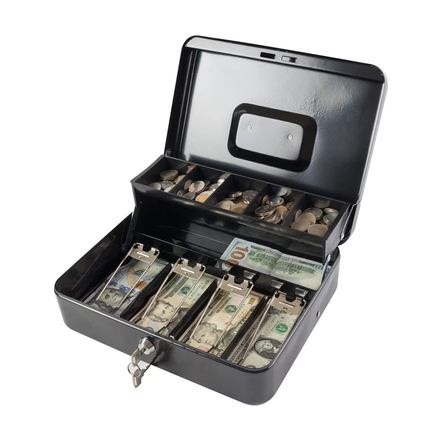 Metal Cash Box with Coin Tray - Black with Key Lock