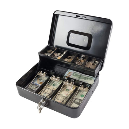 Metal Cash Box with Coin Tray - Black with Key Lock