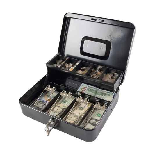 Metal Cash Box with Coin Tray - Black with Key Lock