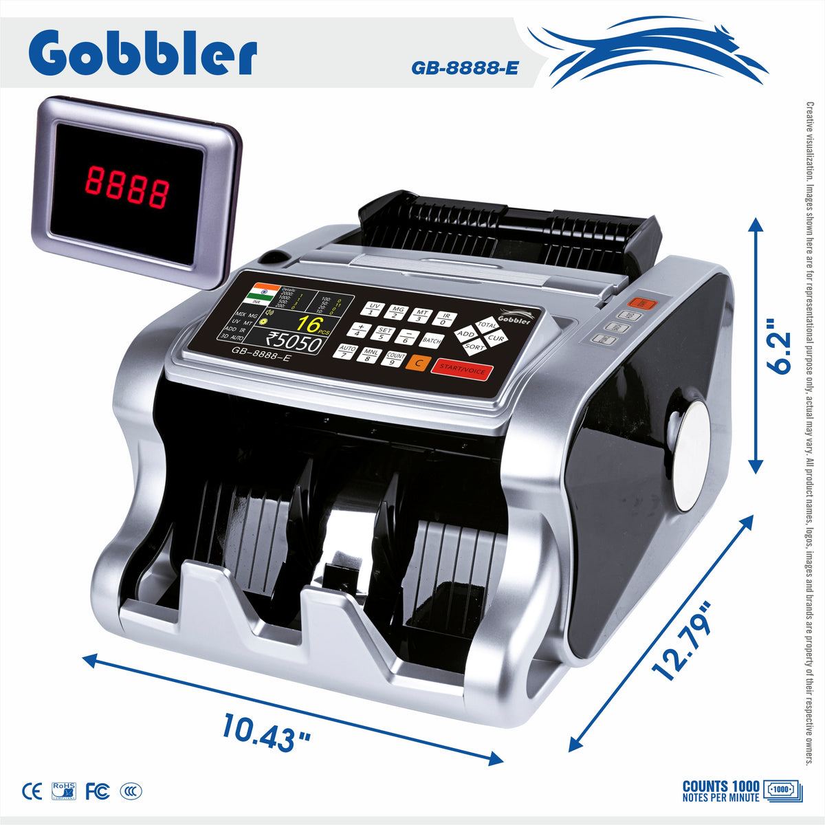 Mixed Denomination Value Counting Machine – GB-8888-E – external display and dimensions 10.43 × 12.79 × 6.2 in